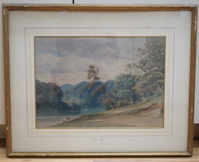 Attributed to Philip Reinagle (1749-1833), watercolour, Riverscape, unsigned, inscribed to the mount, 32 x 44cm. Condition - fair